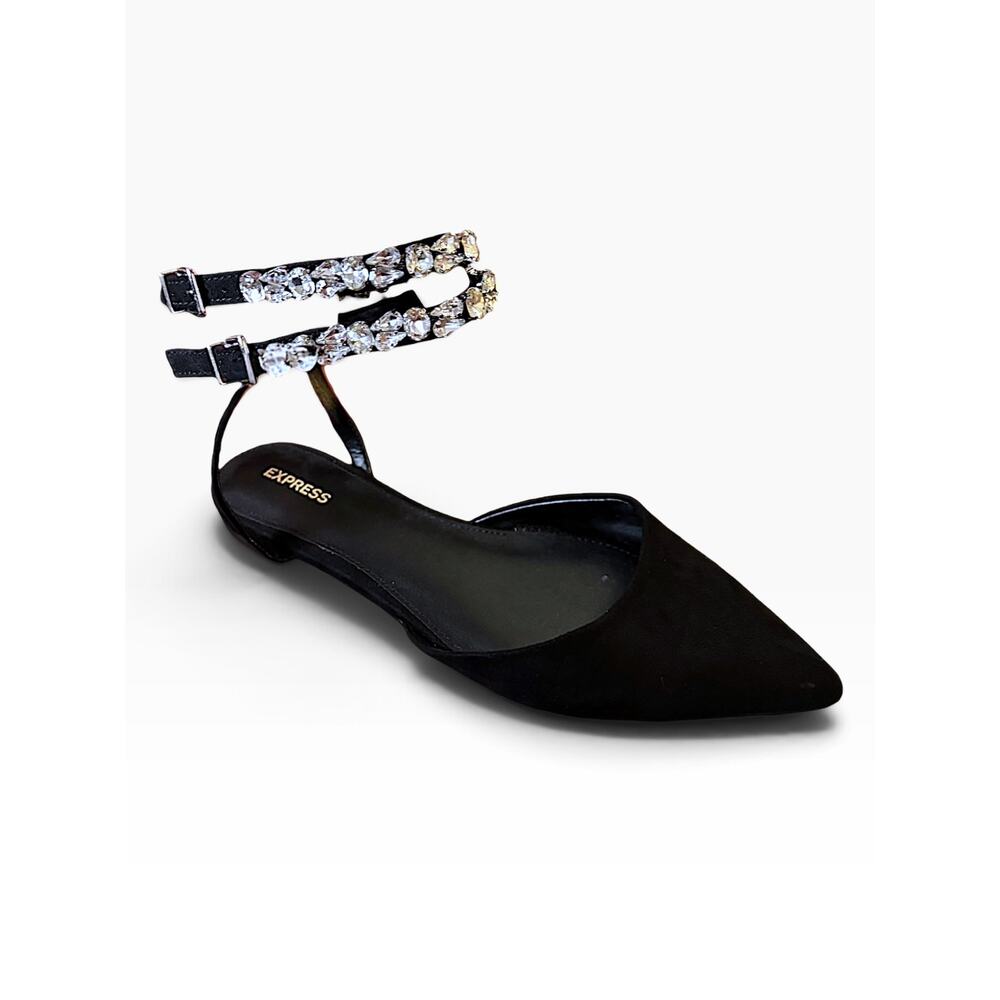 Express Black Rhinestone Double Ankle Strap Pointed-Toe Flats – Size 8.5